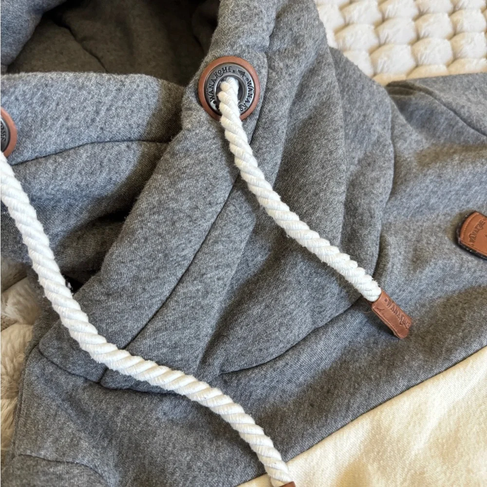 Wanakome Gray and Cream Hoodie with Leather Detail - Picture 3 of 6